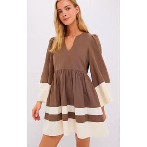 Tuckernuck Izzie Mocha Cream Stripe Linen Cotton Mini Dress Puff Sleeve NWT M